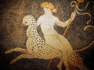 The Grecian god Dionysius sat enthroned on a leopard. 